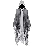 Yunsuelo Halloween Hooded Cloak Grim Reaper Cosplay Costume Medieval Renaissance Cape Gothic Wizard Cape (Gray+Black)