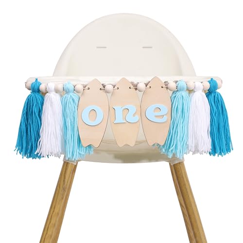 Image of Big One Surf High Chair Banner - Wave 1st Bithday Decorations, Surfing Board Birthday Highchair Banner, Beach First Birthday Tassel Garland