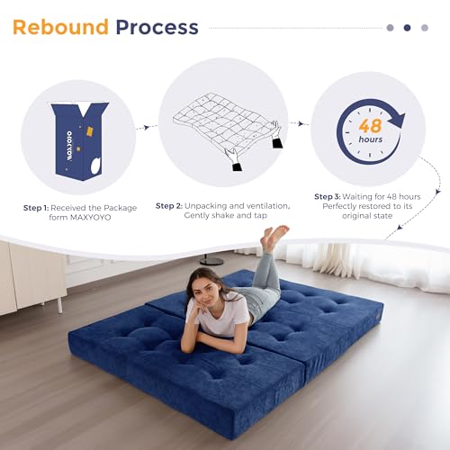 Image of MAXYOYO 6 inch Folding Sofa Bed for Floor, Tufted Tri-Fold Floor Mattress with Chenille Fabric, Full Size Portable Sofa Couch Guest Mat for Adults, Foldable Topper for Camping, Navy, 53 inchx75 inch