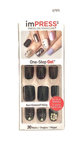 Kiss imPress Press-On Manicure Black Gel Nails 67978 Claim to Fame (Accent Nails with Faux Gems & Holographic Micro-Glitters)