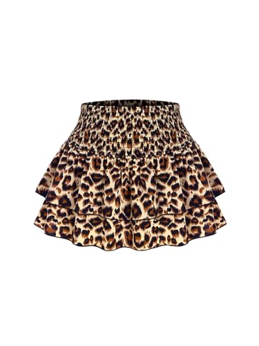 Image of GORGLITTER Women's Leopard Print Layer Ruffle Hem Smocked Skirts A Line Flared Mini Skirt Dark Brown Large