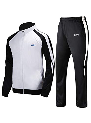 ZITY Men Athletic Suits Jacket Pants Set with Pockets Lightweight Warm Tracksuit Casual Sweat Suit White/Black S