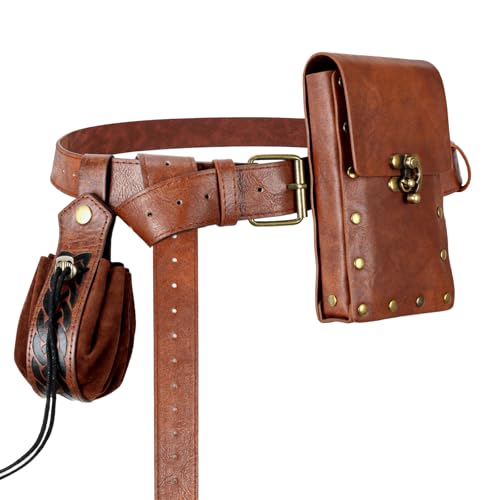 Sac en cuir médiéval de haute qualité marron avec double pochette et porte-potion