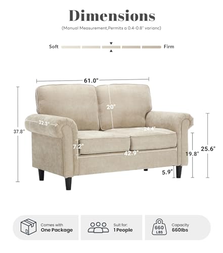 Image of Kingfun Loveseat 2 Seater Couch, Mid Century Modern Chenille Sofa with Rolled Arms and Deep Seats, Fluffy Comfort for Living Room, Apartment, Easy Assembly, Khaki