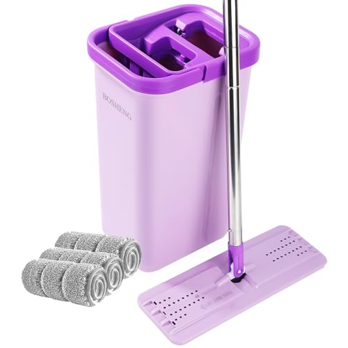 Image of BOSHENG Mop and Bucket with Wringer Set, Hands Free Flat Floor Mop and Bucket, 3 Washable Microfiber Pads Included, Wet and Dry Use, Home Floor Cleaning System for All Floor Types and Windows, Purple