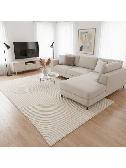 Tapis Moderne à Relief Graphique avec Texture sculptée et Lignes arrondies - Dimension 120x170 cm, Couleur Beige