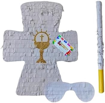 APINATA4U White Cross Pinata with Gold Chalice Accents (17.5x13.5x3.5 Inch) - Perfect for Baptism or First Communion Celebrations - Complete Kit with Stick and Mask Included! image 5