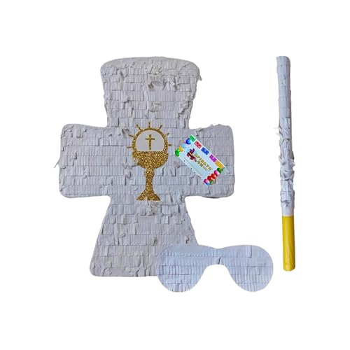 APINATA4U White Cross Pinata with Gold Chalice Accents (17.5x13.5x3.5 Inch) - Perfect for Baptism or First Communion Celebrations - Complete Kit with Stick and Mask Included!