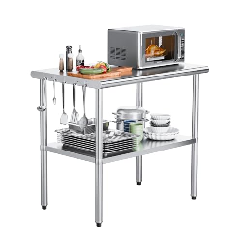 ROVSUN 30'' x 24'' Stainless Steel Table for Prep & Work,Commercial Worktables & Workstations, NSF Heavy Duty Metal Table with Adjustable UnderShelf for Kitchen Restaurant, Home, Hotel, Outdoor