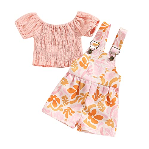 Fernvia Toddler Baby Girl Overalls Ruffle Short Sleeve Tops T-Shirt & Floral Suspender Pocket Shorts Summer Clothes Set (A-Pink1, 4-5 Years) #TOP25