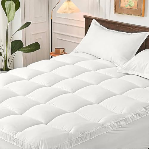 JINXIA Cooling Mattress Topper Queen for Back Pain, Extra Thick Mattress Pad Cover,Deep Elastic Pocket, Plush Pillow Top Overfilled with Down Alternative, White