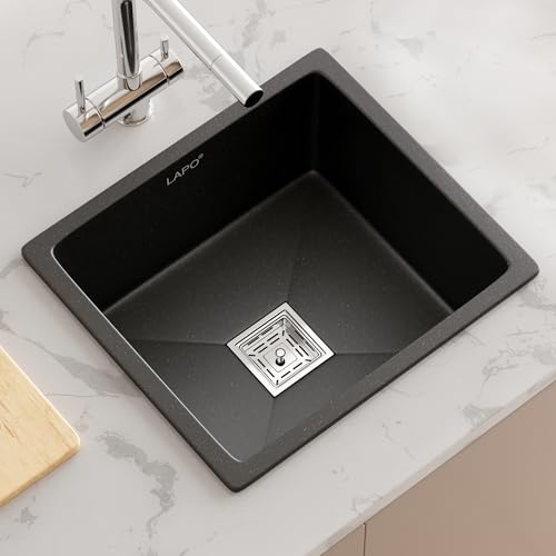 Image of LAPO Quartz Basin for Kitchen | 18x16 Inch UV Safe Surface | Single Bowl Basin with Integrated Tap Cut-Out | Supplied with Waste Pipe, Connector & Drain Strainer | 3 Year Warranty (Black Metallic)