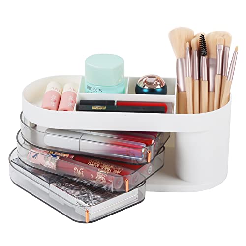 OSteed White Desk Organiser, Pencil Organiser for Desk, Desktop Art Craft Storage Drawers, Makeup Drawer Organiser, Office Desk Accessories & Storage Box (Oval, 3 Drawers)
