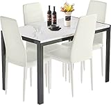 AWQM 5-Piece Faux Marble Dining Table Set, Rectangular Table and 4 PU Leather Chairs, Dining Table Set for 4, Kitchen Table and Chairs for Living Room, Dining Room, Breakfast Nook (White+Beige)