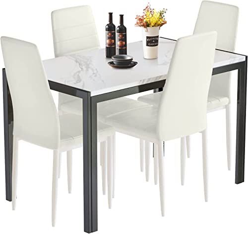 AWQM 5-Piece Faux Marble Dining Table Set, Rectangular Table and 4 PU Leather Chairs, Dining Table Set for 4, Kitchen Table and Chairs for Living Room, Dining Room, Breakfast Nook (White+Beige)