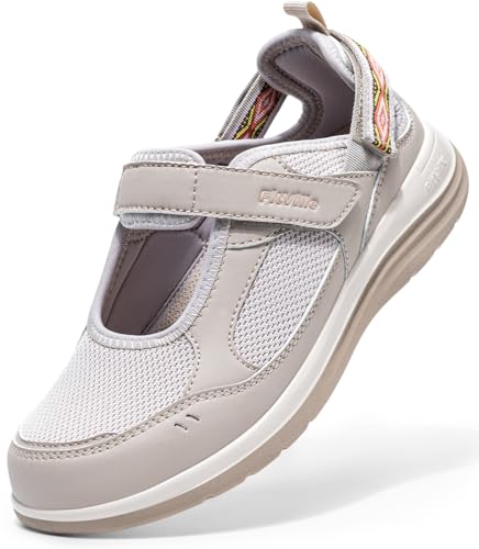 FitVille Extra Breite Sandalen Damen Sommerschuhe mit Klettverschluss Elegant Mary Jane Halbschuhe Weich Senioren Walkingschuhe vorne Geschlossen Freizeit für Dicke Füße Beige EU Weit 40