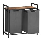 VASAGLE Wäschekorb mit 2 Fächern, Wäschesammler, 2 abnehmbare Taschen aus Oxford-Gewebe, Metallgestell, 2 x 46 Liter, 73 x 33 x 72 cm, vintagebraun-grau BLH201G01