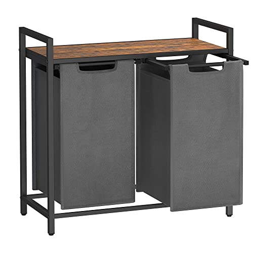 VASAGLE Kosz na bieliznę z 2 przegródkami, kosz na brudną bieliznę, 2 zdejmowane torby z tkaniny Oxford, półka, metalowa rama, 2 x 46 l, 73 x 33 x 72 cm, szary i rustykalny brąz BLH201G01
