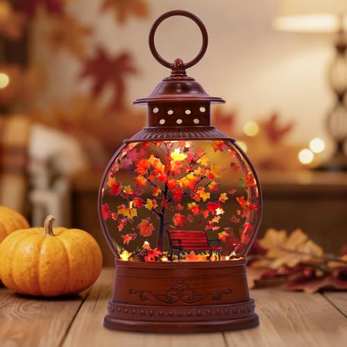 Fall Snow Globe Lantern with Swirling Maple Leaf Glitter 6H Timer Battery & USB Powered Fall Decor Autumu Snow Globe for Thanksgiving, Home, Tabletop Decoration