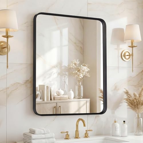 Image of NEWBULIG 24X36 Inch Bathroom Wall Mirror, Vanity Bathroom Mirrors for Over Sink Tempered Glass, Anti-Rust Metal Framed Rounded Rectangle, Hangs Horizontally or Vertically, Farmhouse Home Decor, Black