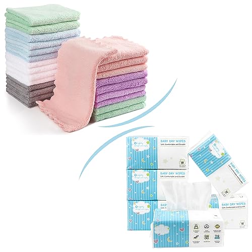 Image of Orighty Baby Washcloths 24-Pack, Microfiber Coral Fleece Baby Face Towels, Bundle with Baby Washcloths 600 Count - Super Soft Disposable Dry Baby Wipes