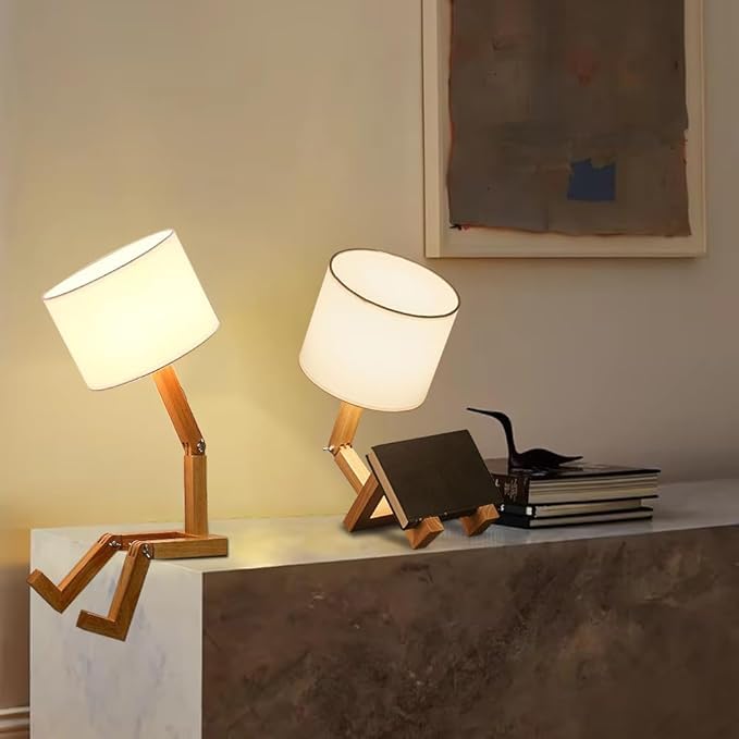 Roboter Schreibtischlampe Set von 2,Nette Nachttischlampe für Schlafzimmer,Holz kreative Tischlampe,Einstellbare Form Nachttisch Spaß Funky Lampe,DIY Spaß Roboter Lampe für Schlafzimmer