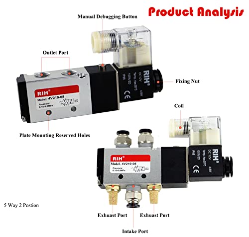 Rih Pneumatics Solenoid Valve 4V210-08 12V/24V/110V Series Single Coil Pilot-Operated Electric 2 Position 5 Way Connection Type (Dc12V/Junction Box, 1/4"Npt) #TOP2