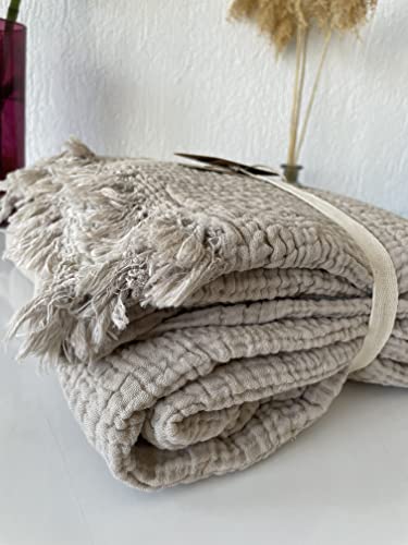Muslin Blanket 100% Cotton, 4 Layers Bedspread, Soft Turkish Cotton Muslin Bed Cover, Reversible Coverlet, Beige (King Size 95X102-230X260Cm) #TOP1