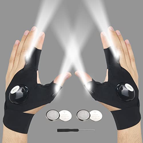 LED Flashlight Gloves, Gifts for Men Women Guy, Unique Father Day Gifts for Dad Him Husband, Cool Stretchy Fingerless Light Gloves Gadget for Repairing Electrician Mechanic DIY Handmade, 1 Pair