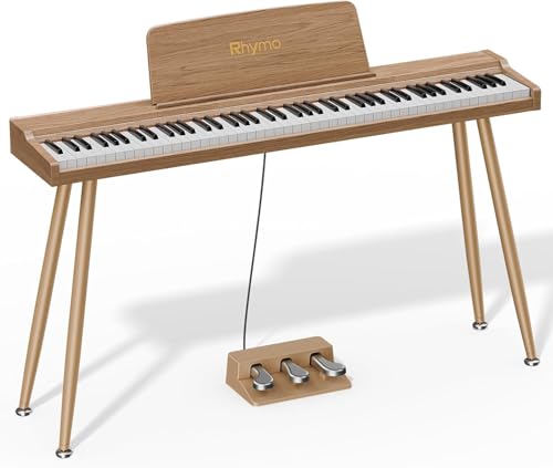 Rhymo Piano Numérique 88 Touches Semi-Lestées avec Support - Clavier Pleine Taille, Bluetooth Audio/MIDI, Mode Dual Player, Haut-parleurs 20W, Entrée Micro, Triple Pédale (couleur bois naturel)