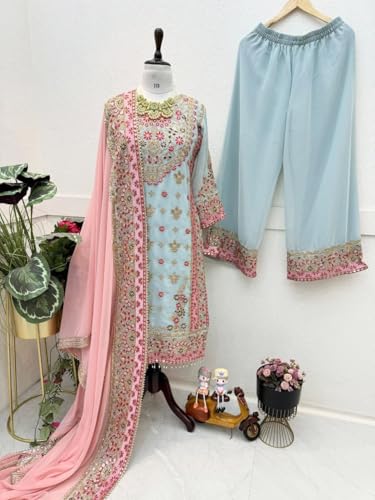 Image of WOONARI Royal Sage Green Pakistani Salwar Suit | Designer Embroidered Georgette Set with Pink Dupatta | Ideal for Wedding (XXL)