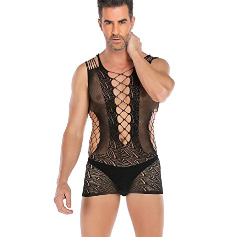 SINROYEE Lingerie en dentelle transparente pour homme, vêtements sissy sexy serrés découpés chemise de nuit élastique body une pièce (11)