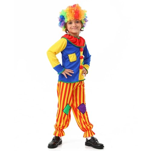 RUITOTP Zirkus Clown und Harlekin Kostüm Verkleidung mit Perücke oder Hut für Kinder Jungen und Mädchen Karneval Fasching Halloween Schulaufführung Kindergeburtstag Größe 310 Jahre