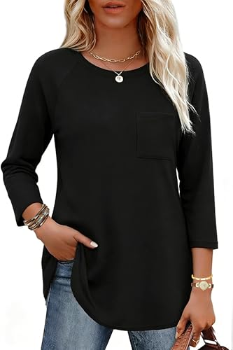 SimpleFun 3/4 Sleeve T Shirts for Women Loose Fit Basic Round Neck Yoga Running Workout Tops Black L