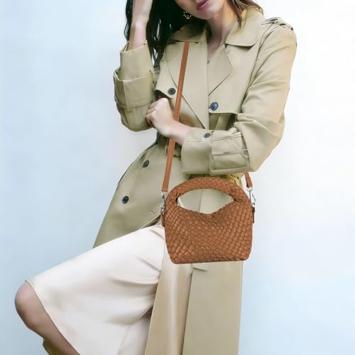 Image of Woven Crossbody Bag Small Tote Cute Purse for Women,Top Handle Handbag Pu Leather Shoulderbag with Detachable Strap