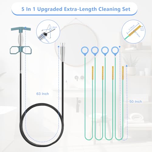 63 Inch Drain Clog Remover Tool + 4X50 Inch Drain Snake Hair Remover, Flexible Metal Sink Snakes for Shower/Bathtub/Kitchen Sink/Toilet Drains, Easy to Use