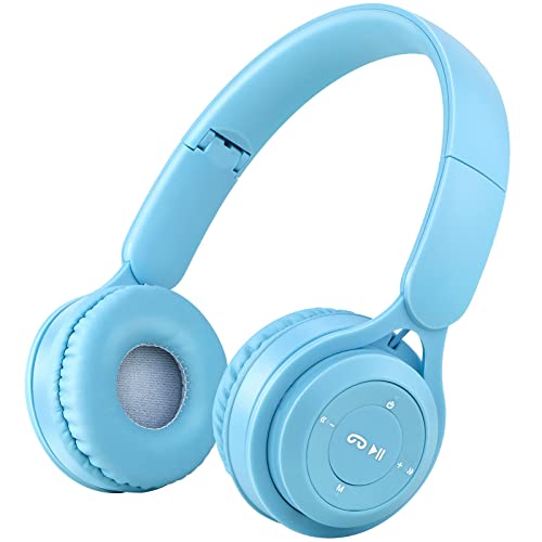 Kids Bluetooth Headphones, On Ear Wireless Headsets for Children with Built-in Microphone, Foldable Stereo Detachable Aux 3.5mm Cord, Kids Headphones for Boys Girls School iPad Tablet (Blue)