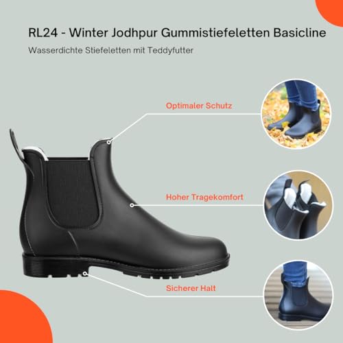 RL24 - Winter Jodhpur Gummistiefeletten Basicline – Gummistiefel Damen & Herren – wasserdichte Stiefeletten mit Teddyfutter – Regenstiefeletten in schwarz – Chelsea Boots in Größe 39