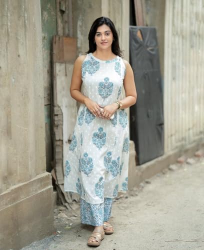 Image of ANNI Designer Women's Rayon Viscose Printed A-Line Kurta Co-Ord Set with Palazzo | Sleeveless Round Neck Ethnic Outfit | Comfortable Traditional Dress for Ladies