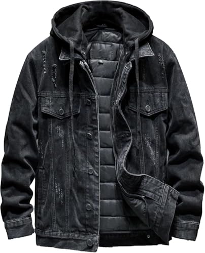 Klassische Herren-Jeansjacke mit Kapuze, schmale Passform, lässig, langärmelig, Denim-Jacke, Knopfleiste, Trucker-Jacke, Schwarz3, L