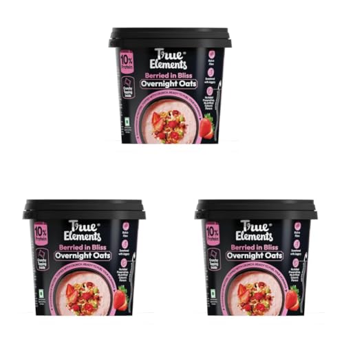 Image of True Elements Overnight Oats Berried in Bliss 62g - Ready-to-Eat Breakfast | High Protein, Fibre & Berry Flavour | Healthy Instant Oats Snack (Pack of 3)
