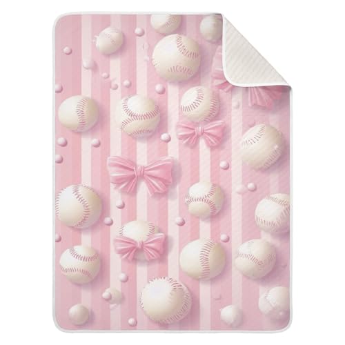 Image of Pink Ribbon Baseball(3) Baby Blanket Cotton Cozy Throw Blanket Warm Nursery Swaddle Receiving Toddler Blankets 30 inch x 40