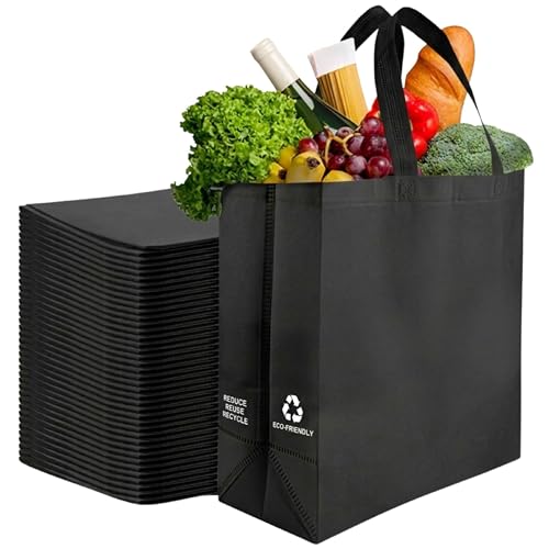 Simply Cool 200 Pack Black Reusable Eco-Friendly Grocery Shopping Bags 12.6"x6.3"x11.8" Durable, Environmentally Friendly Recyclable Shopping Bags Washable, Foldable, Portable Tote Bags Bulk