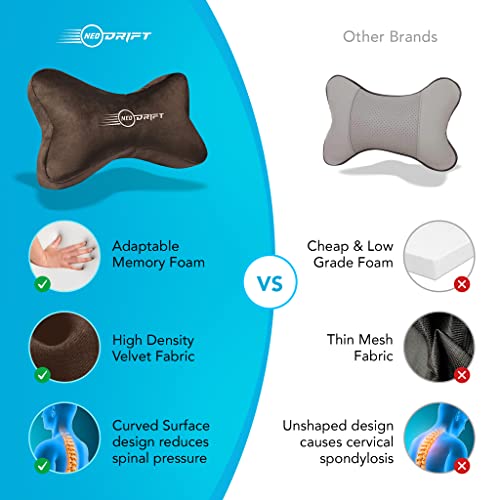 Image of Neodrift 'NeckBone' - Neck Rest Cushion Orthopedic Velvet Memory Foam Pillow for Neck, Head, Shoulder Support - Pain Relief for Car, Set of 2 (Colour-Coffee)