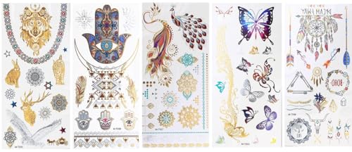 5 fogli di tatuaggi temporanei a farfalla, piume, musica, tatuaggi, tatuaggi con pavone, tatuaggi mandala, GM5