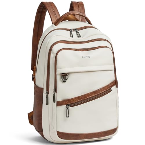 LATMAP 43L Vegan Leather Backpack for 17" Laptop, Beige