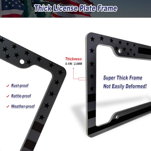 Image of BGGTMO American Flag License Plate Frames, 2 Pack Front Rear Aluminum | Black Gray Patriotic USA Stars and Stripes, Brushed Aluminum-Plastic Material, Car Tag Holder with Screws Caps