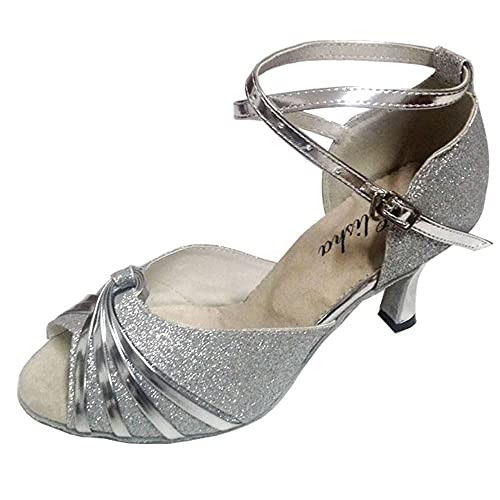 Chaussures de danse latine pour femme avec talon personnalisé et paillettes - Bout ouvert - Pour salle de bal - Pour danse intérieure, Argenté, 37 EU Cover