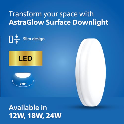 Image of PHILIPS 12W Round AstraGlow Surface LED Light | Slim Surface Panel for Home & Office | Energy Efficient, Bright & Long-life LED Ceiling Light | Cool Day Light, Pack of 1
