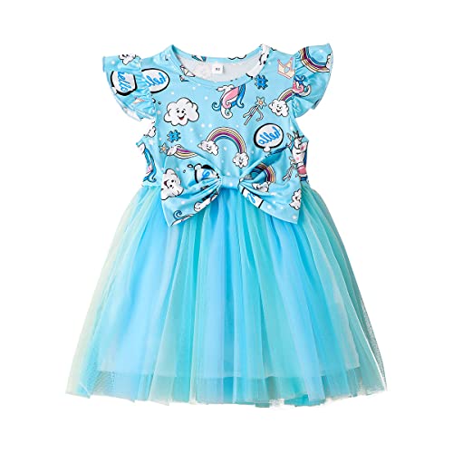 1T-5T Baby Girls Dresses 3D Printed Bow Tops Splicing Ruffle Tulle Skirt One Piece Frock Toddlers Summer Frock Blue